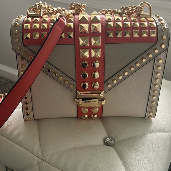 Michael Kors Cream and Coral Studded Crossbody Bag - Picture 1 of 8